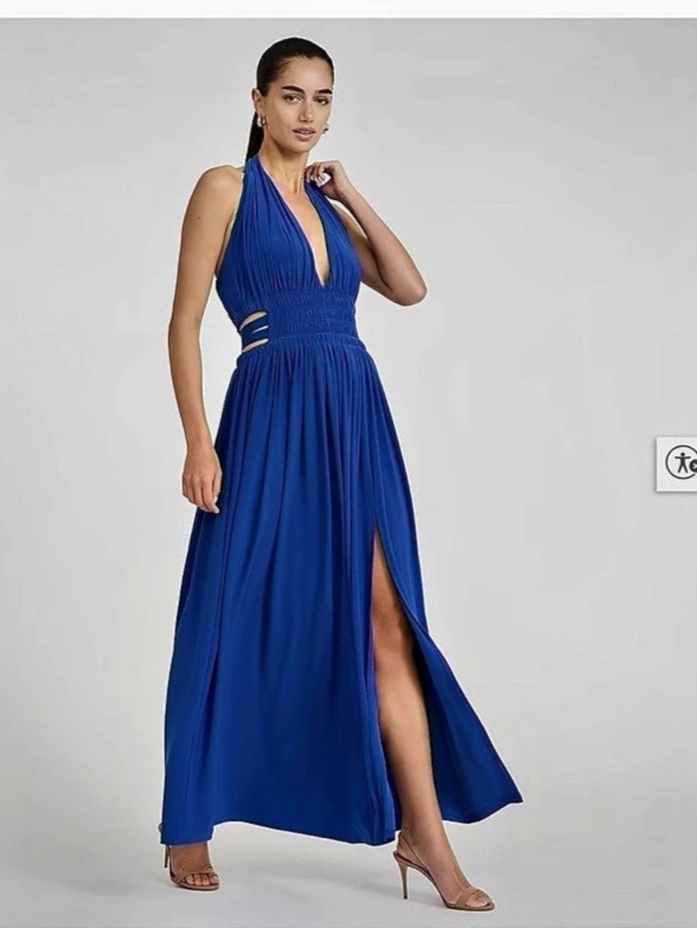 Express Halter V-Neck Smocked Waist Cutout Knit Maxi Fit and Flare Dress Blue